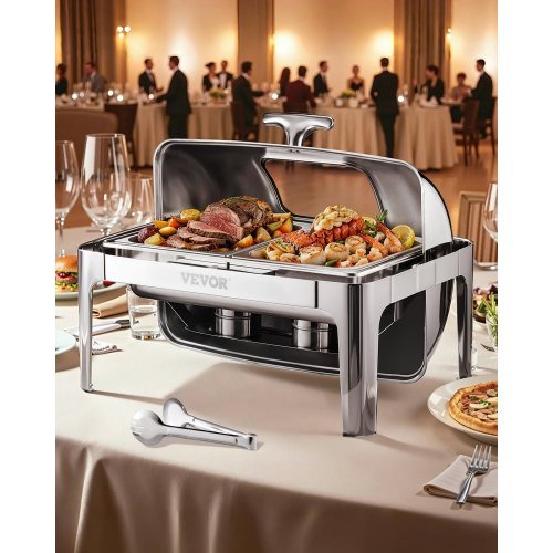 VEVOR Juego de Calentador de Alimentos de Acero Inoxidable con 2 Cacerolas de Tamaño Medio(3,9 L), Rectangular, Tapa Visible y Soporte para Bandeja de Agua y Depósito de Combustible, Plata, 1 ud