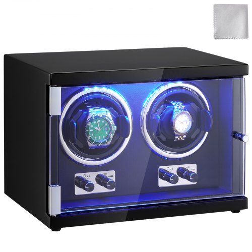 VEVOR Caja enrolladora automática para relojes con capacidad para 2 relojes automáticos con 2 motores silenciosos japoneses Mabuchi 5 modos de cuerda en panel de alta densidad y LED acrílico azul