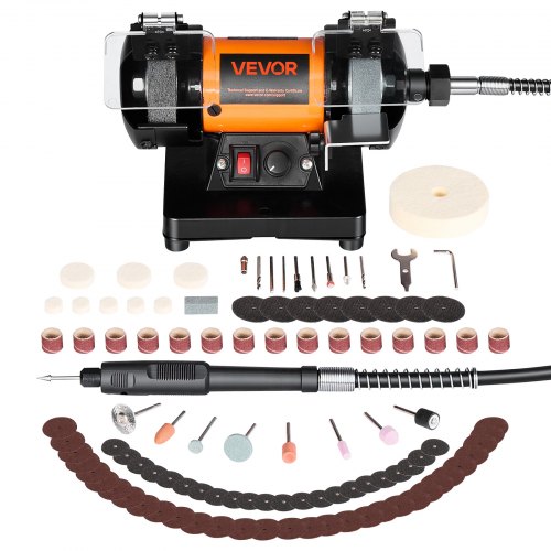 VEVOR Esmeriladora Doble 200 W, Amoladora de Banco, 8300-10600 RPM Velocidades Ajustables, Protección contra Chispas, Kit de Accesorios de 100 Piezas, Multifuncional para Madera Piedra Metal Joyería