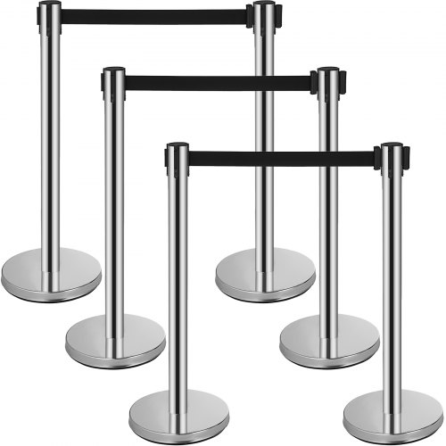 VEVOR Poste Guía 6 Piezas 90 cm Barrera de Marcado de Control de Multitudes con 3 Cuerdas Retráctiles 2 m para Cola de Separación de Demarcación en Escuela Pública Teatro Hotel Exposición, Plata