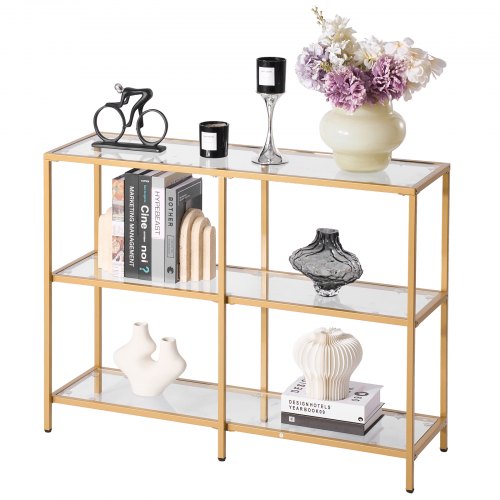 VEVOR Mesa Consola de Vidrio 3 Niveles 100 x 30 x 72,9 cm Mesa Auxiliar Rectangular para Sofá con Tablero de Vidrio Templado, Patas de Hierro para Sala de estar, Pasillo, Entrada, Recibidor, Dorado