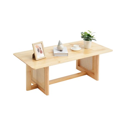 VEVOR Mesa de Centro de Ratán de 1200 x 600 x 400 mm, Mesa de Centro Rectangular de Madera Tejida de Ratán con Tablero de Madera de Caucho, Patas de Madera Natural para Sala de Estar, Color Madera