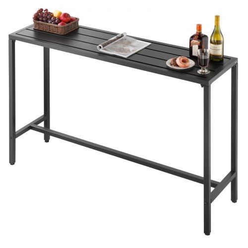 VEVOR Mesa Alta de Bar de Exterior, 1400 x 375 x 980 mm, Mesa de Comedor Rectangular con Tablero Impermeable y Estructura de Metal Resistente, Mueble de Jardín para Patio, Terraza, Piscina, Negro