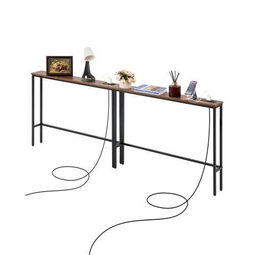 VEVOR Mesa de Consola Estrecha de 1 Nivel para Sofá, Juego de Mesa Consola de 2 Piezas 200 x 15 x 80 cm con Tomas de Corriente, Estructura de Metal y Estación de Carga, para Pasillo, Sala de Estar