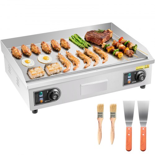 VEVOR Plancha eléctrica comercial, parrilla superior plana de 4000 W, temperatura ajustable de 122 ℉-572 ℉, parrilla de acero inoxidable de 25,98 x 15,75 x 0,39 pulgadas con 2 palas y 2 cepillos para el hogar o restaurante