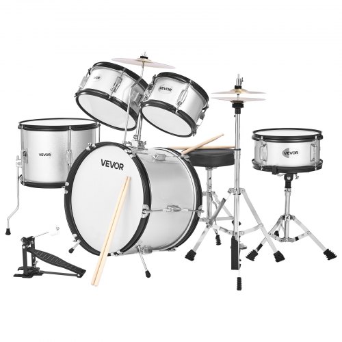 VEVOR Batería Infantil de 5 Piezas de 16 in / 406,4 mm para Principiantes con Trono Ajustable, Platillo y Dos Pares de Baquetas, Kit de Aprendizaje de Música de Batería para Niños de 6 a 13 Años, Plata