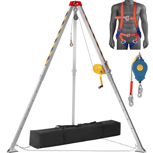 VEVOR Kit de trípode para espacios confinados, trípode de rescate de 544 kg, patas de 1,34 a 2,15 m, cable de 30 m, protección contra caídas, arnés, bolsa de almacenamient