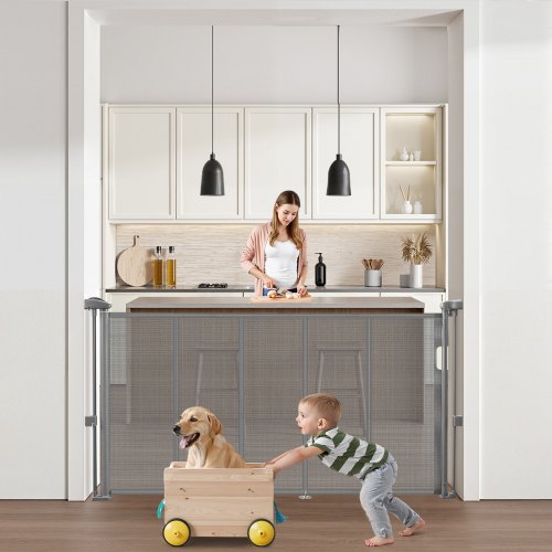 VEVOR Puerta Retráctil hasta 140 cm Alto de 87 cm Barrera de Seguridad Extensible Fácil de Instalar Panel de Malla Transpirable para Escaleras Interiores, Puertas, Pasillos, Salas de Juegos, Gris