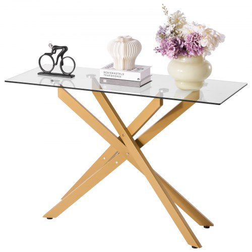 VEVOR Mesa de Centro de Vidrio 114,3 x 45,7 x 76,2 cm Mesa Auxiliar Rectangular para Sofá con Tablero de Cristal Templado Patas Cruzadas de Hierro para Sala de estar, Entrada, Recibidor, Dorado