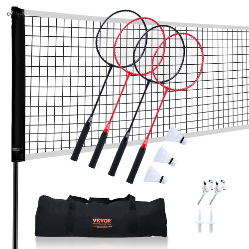 VEVOR Juego de Red de Bádminton, para Patio Trasero al Aire Libre, Equipo de Bádminton Portátil, para Adultos y Niños con Postes, Bolsa de Transporte, 4 Raquetas de Hierro y 3 Volantes de Nailon