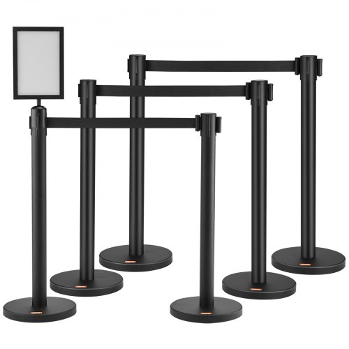 VEVOR Poste Guía 8 Piezas 93 cm Barrera de Marcado para Control de Multitudes con Cinturón Retráctil 200 cm Poste de Acero al Carbono para Separación de Cola en Públicas Teatro Hotel Exposición, Negro