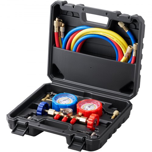 VEVOR Juego de Manómetros 3 Vías para Carga de Refrigeración R134A R22 R12 R502 Manguera de 1,5 m Recarga de Refrigerante de con Manómetro y Adaptador Caja de Refrigeración para Refrigerante