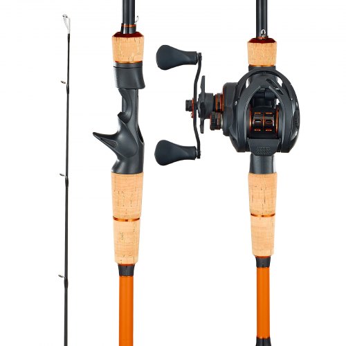 VEVOR Caña de Pescar y Carrete Baitcasting, Caña de Fibra de Carbono de 2,13 m IM7, con Rodamientos de Bolas 7+1 y Relación de Transmisión 7.0:1 y Mango de Corcho, Ideal para Zurdos, Media-Pesada