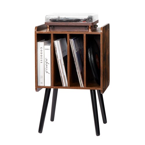 VEVOR Soporte para Tocadiscos 420 x 344 x 667 mm de 2 Niveles con 4 Gabinetes, Capacidad de 100 Álbumes, Gabinete de Discos de Vinilo de Madera con Estante de Exhibición para Sala de Estar, Marrón