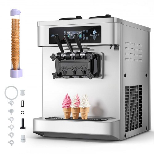 VEVOR Máquina de Helados Comercial 3 Sabores 1800 W Caudal de 20-28 L/h, Máquina para Hacer Helados con 2 Tolvas de 6 L Sobremesa, Preenfriamiento con Alerta de Mezcla Baja para Restaurante, Tienda