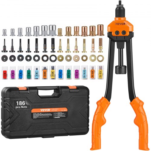 VEVOR Remachadora Manual de Tuercas Alicates de Inserción Roscada de 41cm con 13 Mandriles 186 Tuercas Herramienta de Remachado Botón Desviador Estuche de Transporte Portátil para Bricolaje Automotriz