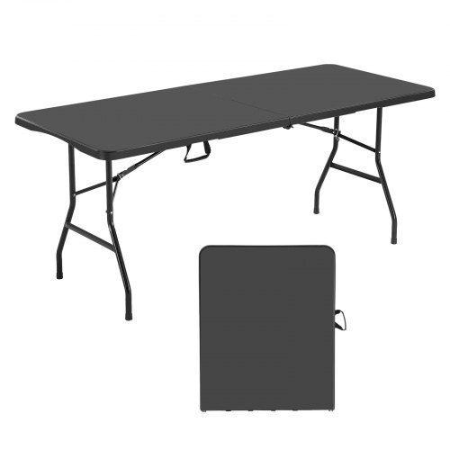 VEVOR Mesa Plegable de Buffet Portátil Multiusos de 180 cm, Mesa Rectangular de Plástico para 4-6 Personas con Asa Integrada, para Fiestas, Picnics y Camping, Color Negro, 1800 x 740 x 740 mm