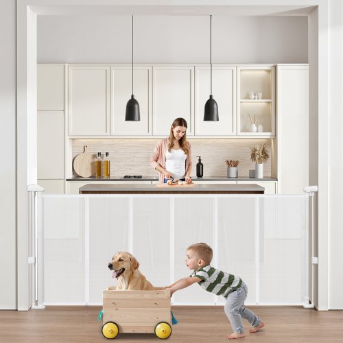 VEVOR Puerta Retráctil hasta 180 cm Alto de 87 cm Barrera de Seguridad Extensible Fácil de Instalar Panel de Malla Transpirable para Escaleras Interiores, Puertas, Pasillos, Salas de Juegos, Blanco