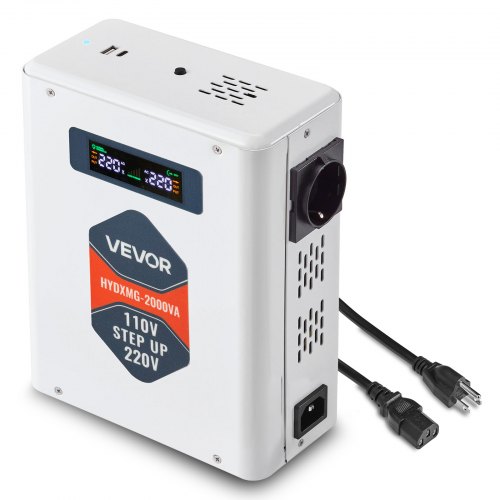 VEVOR Convertidor Elevador de Voltaje 2000 VA, de 110 V a 220 V, con 2 Tomas de Corriente de la UE, Salida USB, Pantalla LCD, Protección de Temperatura, para Electrodomésticos de 220 V, Blanco