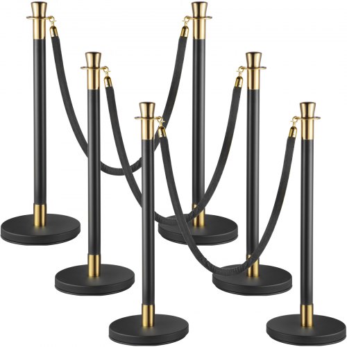 VEVOR Poste guía de 6 piezas, barrera de marcado de control de multitudes con cuerda de terciopelo negro de 1,5 m, para separación de colas públicas, escuela, teatro, hotel, exposición