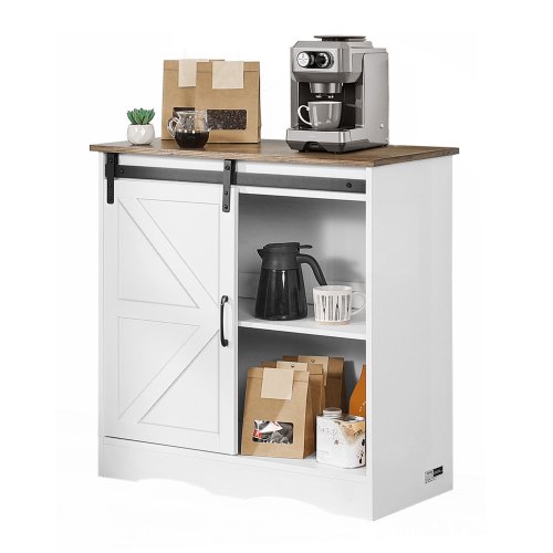 VEVOR Mueble Bar de Café Estilo Rústico de 80 x 35 x 80 cm con Almacenamiento de 3 Niveles, Mesa de Bar de Café con Puerta de Granero, Aparador Tipo Buffet para Entrada, Cocina,  Marrón y Blanco