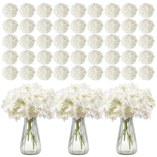 VEVOR Flores Artificiales, 305 Hortensias Artificiales de Seda Blanca de Aspecto Real a Granel, Artificiales Blancas con Tallos para Ramos de Boda, Centros de Mesa y Decoración de Mesas de Fiesta