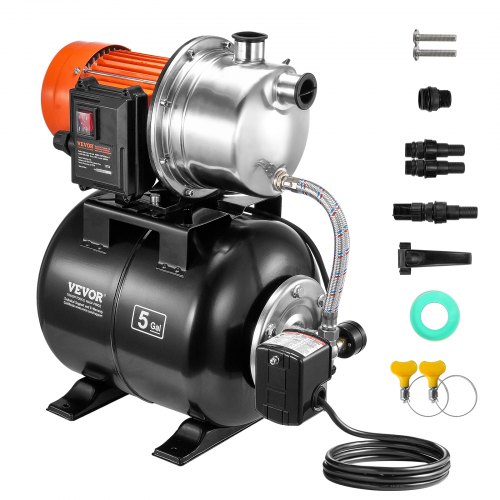 Bomba para pozos poco profundos VEVOR de 1 HP con tanque de presión, 1000 GPH, bomba de refuerzo de agua de riego automática con elevación de cabezal de 130 pies, interruptor de presión de 20/40 PSI, cabezal de bomba de acero inoxidable 304 para césped de