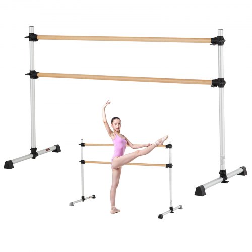 VEVOR Barra de Baile Independiente Doble, Altura Ajustable 170-1165 mm, Barra Elástica de Madera para Ejercicios de Ballet, Entrenamiento de Equilibrio y Relajación, 1840 x 760 x 1180 mm, Plata