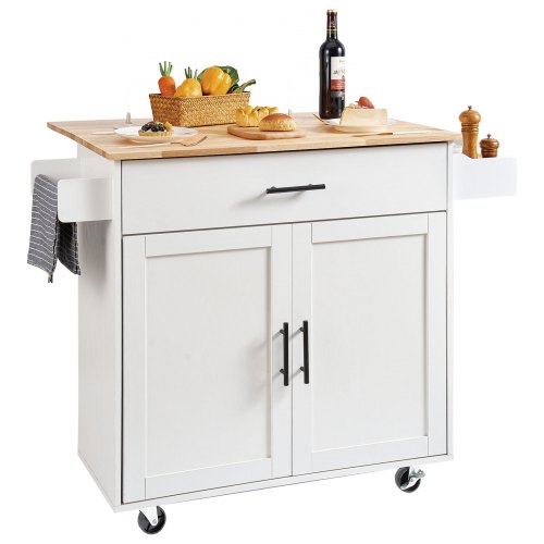 VEVOR Carro de Cocina con Tapa de Madera Maciza, 90 cm Carro Móvil con Armario de Almacenamiento sobre Ruedas, Mesa de Cocina Rodante con Estante de Especias, Toallero, Hoja Abatible y Cajón, Blanco