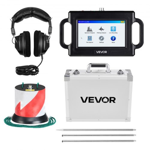 VEVOR Pipe Water Leak Detector, 1Hz-5000Hz, LCD Touchscreen Pipeline Leakage Detection Locator for 2m Underground Plumbing – with Sensor, 3 Listening Rods, Headphones, 8GB Card & Carry Case