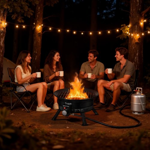 VEVOR Propane Fire Pit 60.5 cm, 53,000 BTU Portable Gas Fire Pit, with Grill Grate & Lava Rocks, Adjustable Flame, Folding Legs,Smokeless Outdoor Firebowl for Camping, Patio, Backyard, Deck, RV, Black