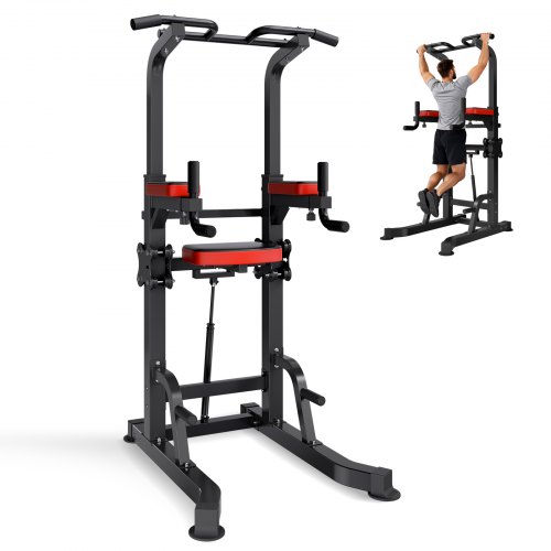 VEVOR Pull Up Bar, 150kg Power Tower Dip Station, Workout Dip Station with H-Shaped Stable Base & Assistance Platform, Adjustable 9 Level Height Pullup Stand for Back, 3-Level Adjustable Elbow Pads