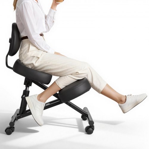 VEVOR Ergonomic Kneeling Chair with Backrest & Wheels, Mobile X-Shaped Posture Knee Chair with Adjustable Height & Thick Foam Cushions, Relief for Neck or Back Pain for Home, Office, Meditation, Black