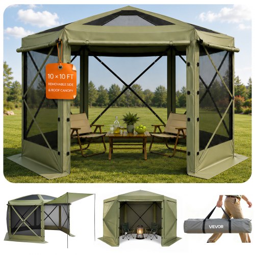 VEVOR Pop up Gazebo Screen Tent, 3x3 m Large 6-Sided Camping Canopy Tent with Removable Top & Carry Bag, Quick-Set & Bite-Proof, Screen House Sun Shelter for 6-8 Persons Backyard Patio, Green