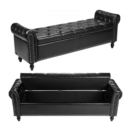 VEVOR Button-Tufted Storage Ottoman Bench, Rolled Arm PU Leather Bench with Solid Wood Legs, Modern Shoe Benches Seat for Entryway, Upholstered End of Bed Benches for Living Room, Dining Room, Black