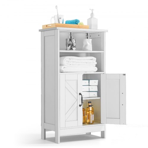 VEVOR Bathroom Floor Cabinet, 4-Tier, Wooden Storage Organizer with 2 Doors and Adjustable Shelf, Modern Bathroom Furniture Home Decor Freestanding Cupboard for Kitchen/Living Room/Entryway Use, White