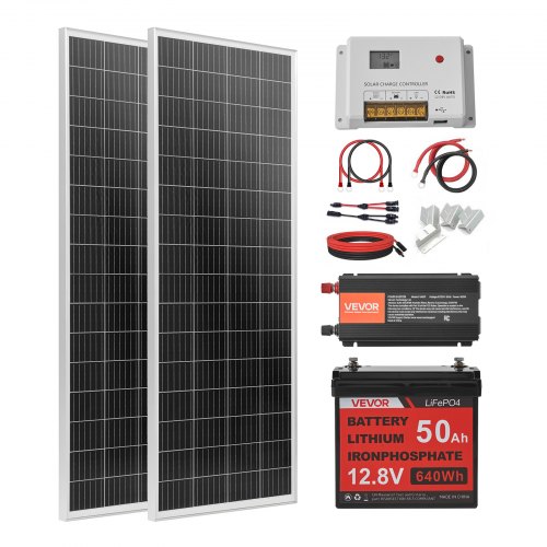 VEVOR 200W 12V Complete Solar Power Kit, 2PCS 100W Monocrystalline Solar Panels + 12.8V 50Ah LiFePO₄ Battery + 40A Charge Controller + 800W Power Inverter, Ideal for RV Home Camping Boat Off-Grid