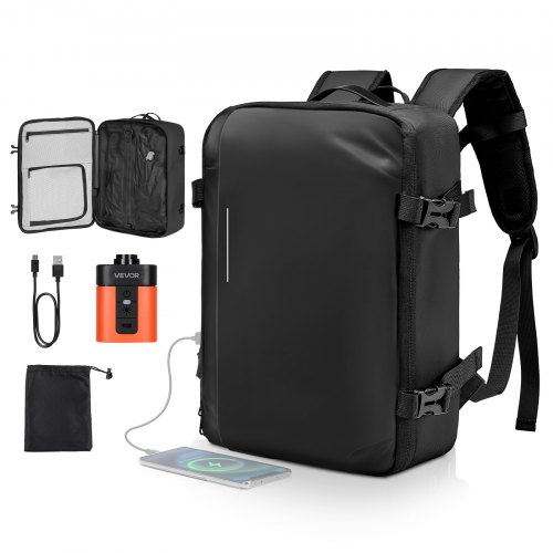 VEVOR Vacuum Travel Backpack, 35L, Vacuum Seal Compression Travel Backpack with Air Pump, Multiple Pockets & Compartments, Water-Resistant Carry-On Suitcase Luggage, Casual Personal Item Bag, Black