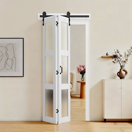 VEVOR Bifold Barn Door, 914 x 2134 mm, MDF with Tempered Glass Bi-Fold Sliding Closet Doors, Hardware Kit Included, Space-Saving Design, Pre-Assembled Panels for Bedroom, Living Room, Wardrobe, White