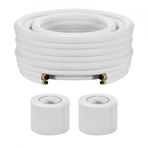 VEVOR 30.5m Mini Split Line Set, 6.4 & 9.5mm OD AC Copper Tubing Pipe, 3/8 White PE Thickened Insulated Coil with Flared Nuts, Strapping Tapes, for Mini Split Air Conditioner HVAC or Heat Pump System