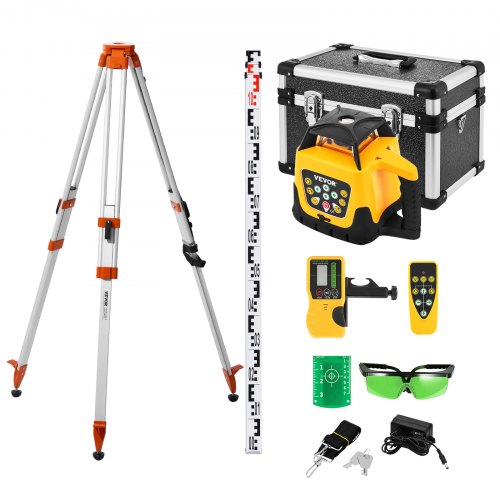 VEVOR Rotary Laser Level Kit, with Tripod+Staff Gauge, Green Beam 500m Range Slope Adjustable 360-Degree Spinning, Flexible Scanning Angle, Accurate with Remote Control Receiver Carrying Case