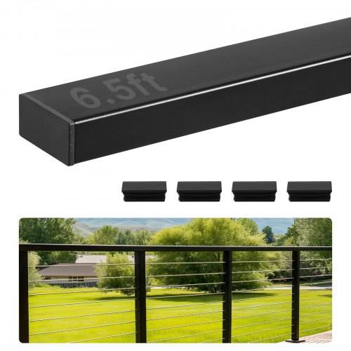 VEVOR 198 cm Stainless Steel Handrail, Rectangular Top Stair Deck Hand Rail for Outdoor/Indoor Steps with End Cap,Matte Black Coating Adjustable Metal Stair Rail for Cable Railing Kit
