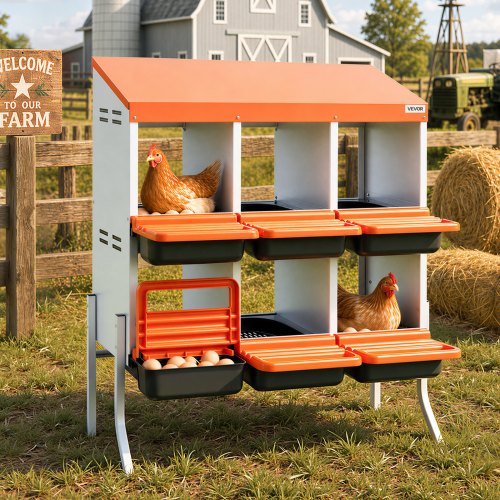 VEVOR Chicken Nesting Boxes, 6 Compartments, with Support Legs, Easy Egg Collection, Galvanized Steel and High-Strength Plastic, Roll Away Nesting Boxes for Chickens and Hens Laying Eggs, Orange