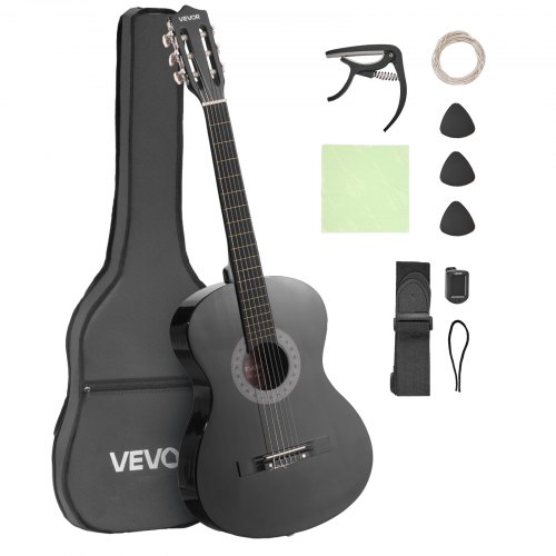 VEVOR Classical Guitar, 960 mm, Wood Classical Guitar Starter Kit for Beginners, with Nylon Strings, Gig Bag, Strap, Tuner, Extra Strings, Picks, Capo, Basswood, for Teenagers Adults Students, Black
