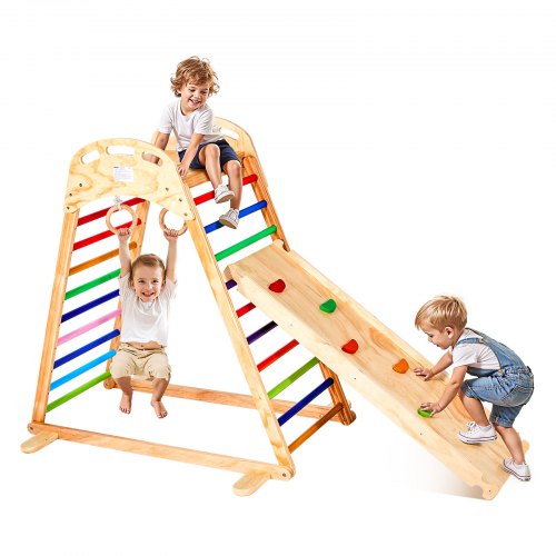 VEVOR Indoor Playground Jungle Gym, 4-in-1 Wooden Indoor Playground Playset with Climbing Rock, Slide, Wooden Ladder & Gym Rings, Montessori Style Playground Climbing Toys for Boys Girls, 100KG