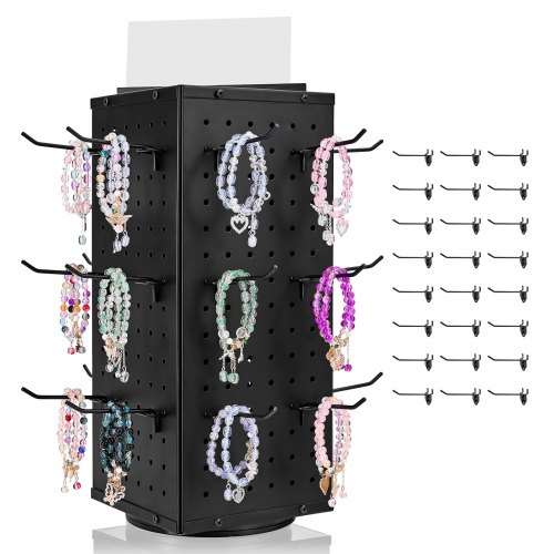 VEVOR Rotating Pegboard Display Stand, 18.8 x 18.8 x 42.6 cm 4-Sided Spinning Peg Board Display with 24 Hooks, Thickened Cold-Rolled Steel Craft Rack Organizer for Retail Store Jewelry Shop, Black