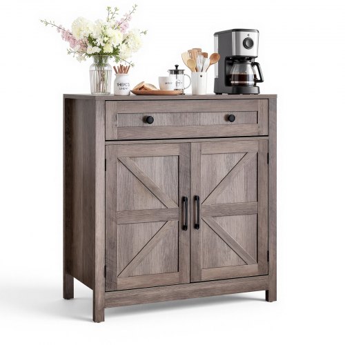 VEVOR Coffee Bar Cabinet, Farmhouse Coffee Bar Table with Drawer, Buffet Stand Cabinet with 2 Barn Doors, Sideboard Buffet Station for Living Room, Entryway, Kitchen, 75 x 37.5 x 80 cm, Grey