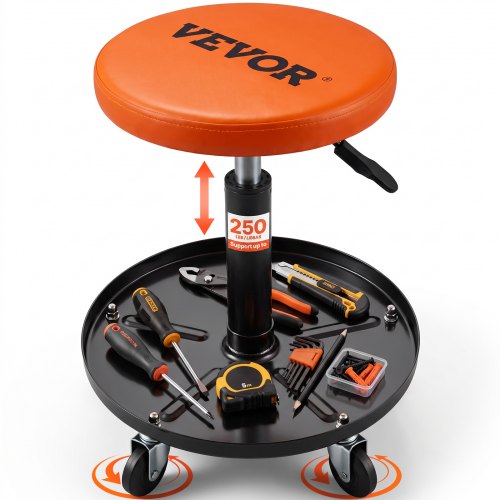VEVOR Mechanic Stool, 113 kg Rolling Pneumatic Creeper Garage/Shop Seat, Adjustable Height 56 cm-71 cm Padded Rolling Workshop Stool with Tool Tray, for Garage, Shop, Auto Repair, Black+Orange