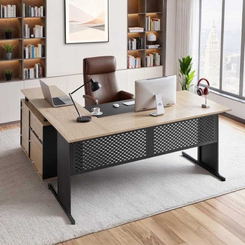 VEVOR L-Shaped Executive Desk, Modern Reversible Office Table with Drawers & Storage Cabinet, Heavy Duty Large Wooden Executive Table, 158.7 KG Load Capacity, Easy Assembly, for Work Study Writing