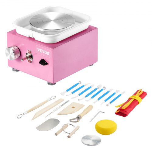 VEVOR Mini Pottery Wheel, 0-320RPM Adjustable Speed Detachable Basin Forming Machine, 2.56in/3.94in 2 Turntables Electric Ceramic Wheel Machine, 18pcs Accessories, for Art Craft Work Home DIY, Pink